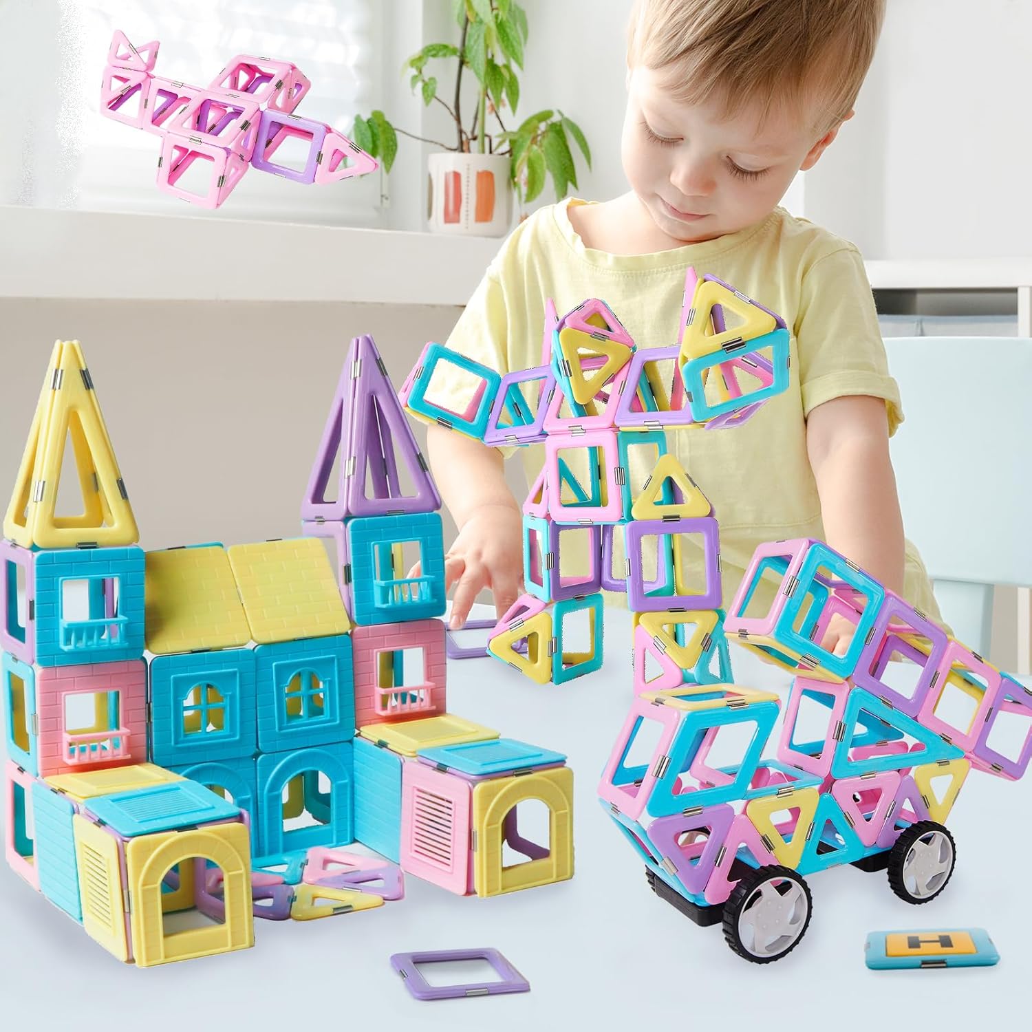 Magnetic Tiles Building Blocks Toys for Kids, 136 Pieces 3D Creative Castle Construction Magnetic Stacking Set Preschool Intelligence STEM Toys for Girls Boys Age 3years and Up (Educational Set)