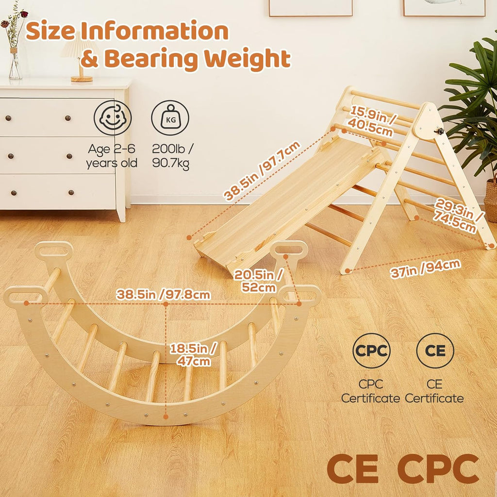 FUNLIO Foldable Pikler Triangle Set (3 Piece), Montessori Climbing Set with Solid Wood for Toddlers 2-6 yrs, Adjustable 3-in-1 Indoor Play Gym with Arch/Slide/Climbing Rock/Triangle, Easy to Install