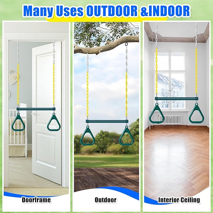 Hungdao 2 Set Gym Ring Trapeze Swing Bar and Climbing Rope with Platforms Disc Heavy Duty Coated Chains Seat Accessories for Outdoor Indoor Playground Backyard(Green)