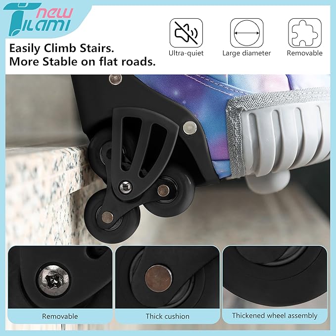 NEW TILAMI 18 inch Kids Rolling Backpack for School with Big Storage, Waterproof, Adjustable Handle - Perfect for Girls & Boys, Blue Star