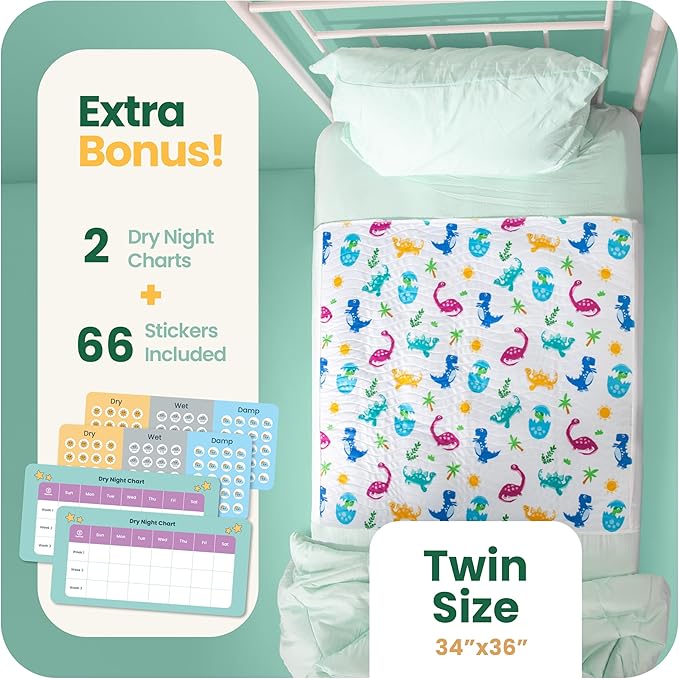 IMPROVIA® Toddler Bed Wetting Pad – 2 Pack 34x36 Waterproof Mattress Protector with Tuckable Wings – Ultra Absorbent, Non-Slip Washable Underpad for Kids & Potty Training – Dino Design (Dino)