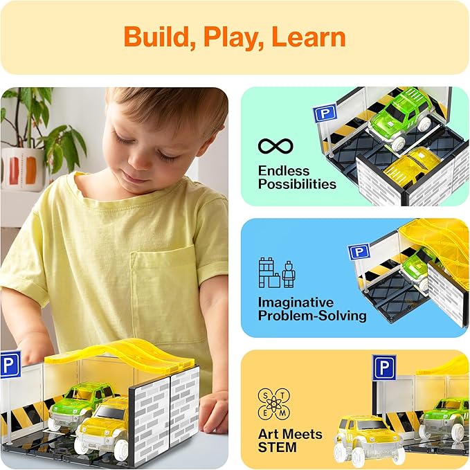 PicassoTiles Magnetic Tiles Race Car Track Kit Parking Garage Expansion Pack with 2 Cars Magnet Tile Building Blocks Educational Toy Learning Kit Pretend Play Construction Set Kids Child Ages 3+ PTR07