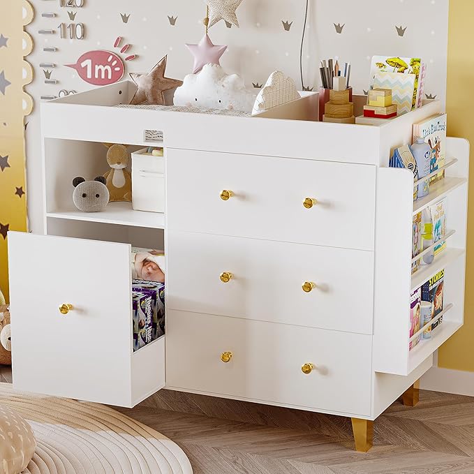 Baby Changing Table,Diaper Changing Table with Large Tabletop,4 Drawers,Open Storage Space & Side Shelves,Modern Storage Crib with Changing Table Dresser for Nurseries and Baby Rooms,White