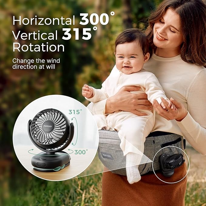 Momcozy Portable Fan with Clip | 4-Speed Mini-Fan for Carrier | Personal Fans Ultra Lighter 0.26lb | Gaps ≤4.5mm | Handheld Cooling | Rechargeable Rotate for Diaper Backpack/Stroller/Carrier/Chair