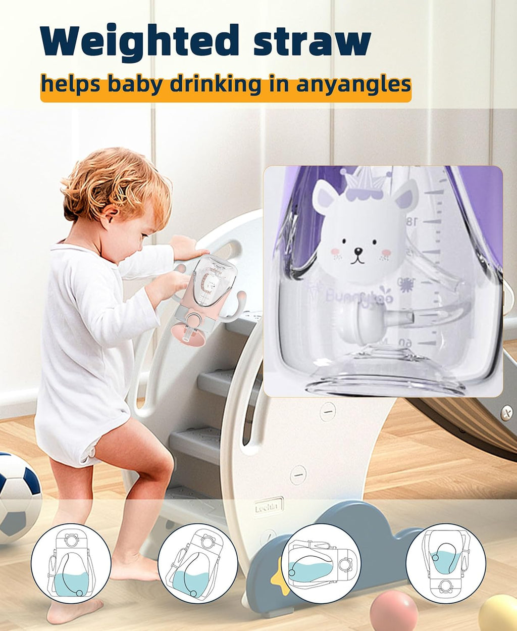 Bunnytoo Baby Sippy Cup with Weighted Straw for Infants 6-12 Months, 8oz Toddler Drinking with Handles, BPA-Free, Transition Trainer for 1+ Year Old (Purple)