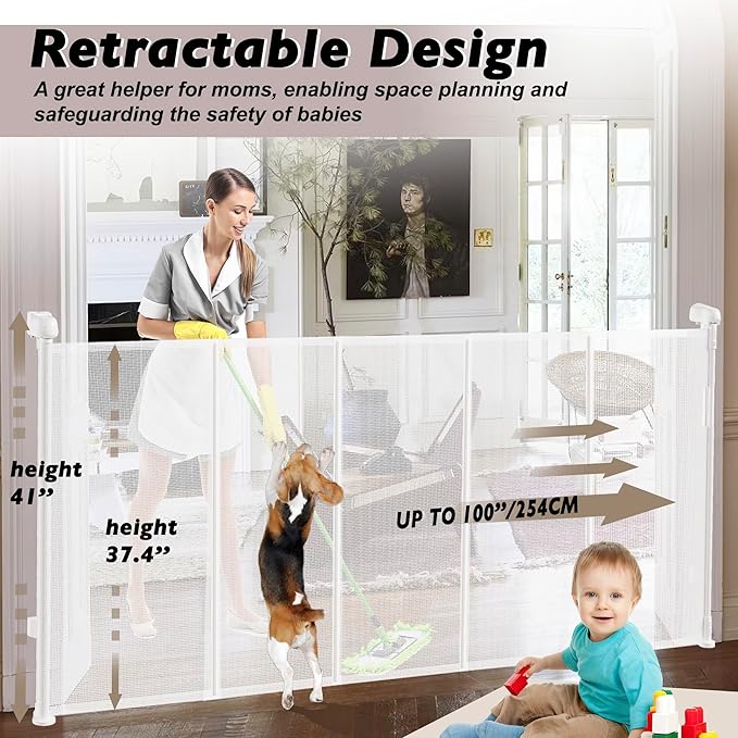 Retractable Baby Gates Dog Gate for Stairs, 100" Wide Retractable Gate Mesh Pet Gate, 41" Extra Tall Child Safety Gate with Fiberglass Rods for Stairways, Doorways, Hallways, Indoor/Outdoor