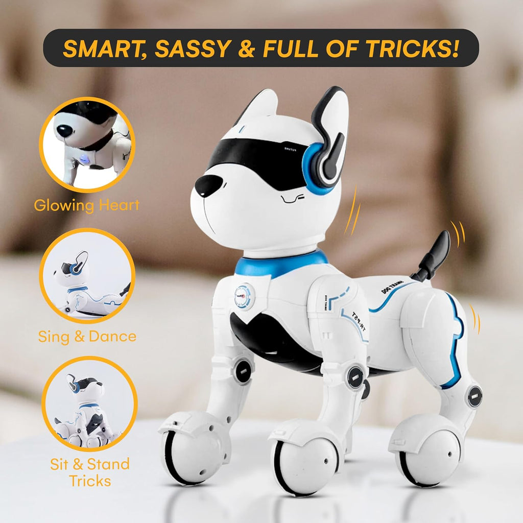 Top Race Rechargeable Robot Dog- Interactive Smart Robo Dog for Kids Ages 5-7 - Programmable with Remote Control, Voice and Touch Features - Realistic Actions and Perform Tricks - 4x5x6 Inches (White)