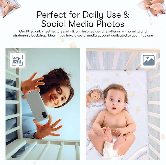 100% Cotton Fitted Crib Sheet, Woodland Dreams Sleeping Animal Pattern, Fox Fawn Lion Tiger, Standard 52 x 28 in Crib Mattress Fit