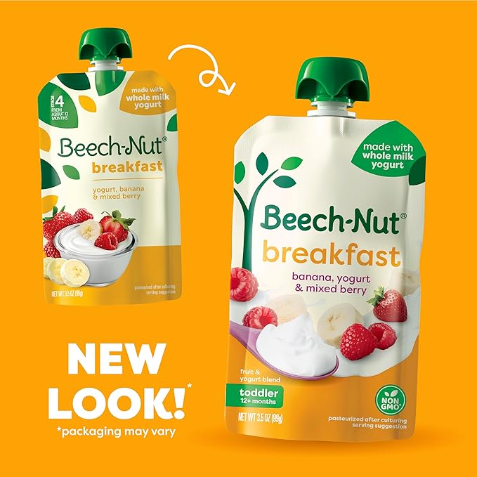 Beech-Nut Toddler Food Breakfast Pouches,Yogurt Banana & Mixed Berry Puree, 3.5 oz (12 Pack)