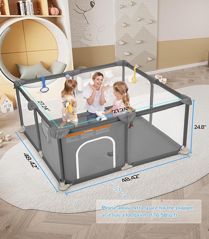 Dripex Baby Playpen, 47"×47" Play Pens for Babies and Toddlers, Safe Anti-Fall Play Yard with Gates, Baby Fence with Breathable Mesh, Indoor & Outdoor Kids Activity Center, Grey
