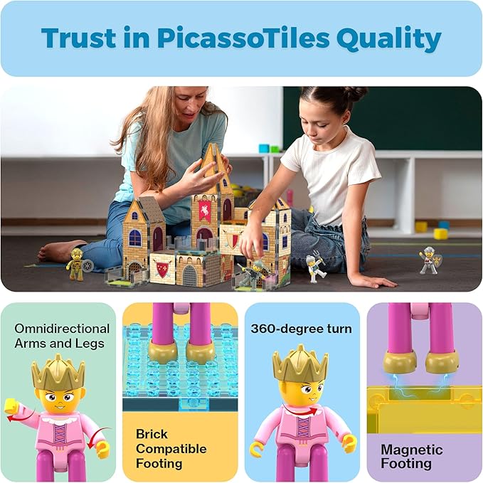PicassoTiles 70pc Middle Age Medieval and Castle Theme Tile 2in1 8 Character Action Figures Magnet Tiles Building Block Pretend Magnetic Play Fine Motor Skill STEM Educational Construction Age3+ PTQ01