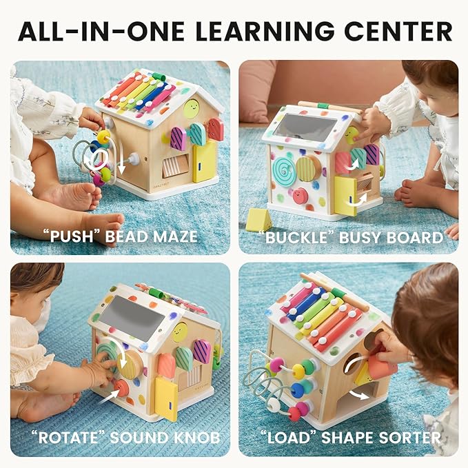 Tiny Land 9-in-1 Wooden Activity Cube, Montessori Baby Activity Center for 1+ Year Old, Educational Toy for Toddlers, Ideal Gift for Girls and Boys (Rainbow)