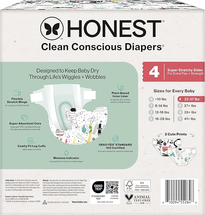 The Honest Company Clean Conscious Diapers for Delicate Skin | Up to 100% Leakproof | Hypoallergenic, Fragrance Free | Gender Neutral | Club Box, Size 4 (22-37 lbs), 54 Count (Prints May Vary)