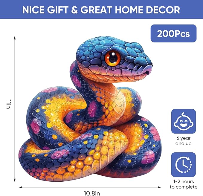 Wooden Puzzle for Adults, Snake Wooden Jigsaw Puzzles(10.8 * 11in-200pcs),Unique Shape Adult Puzzles,Irregular Wood Puzzles Creative Gift for Adults and Kids Family Game