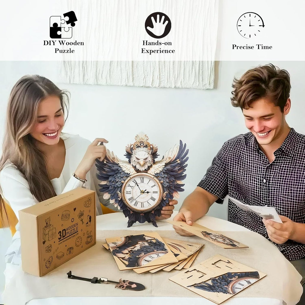 3D Puzzles for Adults Clock-Eagle Design Model Kit-Mechanical DIY Pendulum Clock with Roman Numerals-Desk Home Office Decor Personalized Gift for DIY Lovers