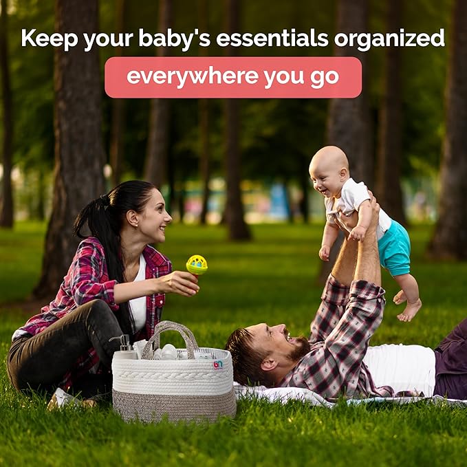 Rope Diaper Caddy - Storage for Baby and Toddler Items - Portable Cotton Organizer Easily Holds Diapers, Wipes, Clothing - Useful for Nursery, Bedroom (Gray, Regular)