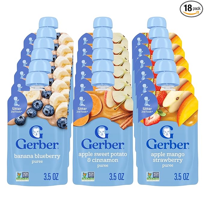 Gerber Stage 2 Baby Food, Apple Sweet Potato Cinnamon, Apple Mango Strawberry, and Banana Blueberry Puree Pouches, 18-Pack