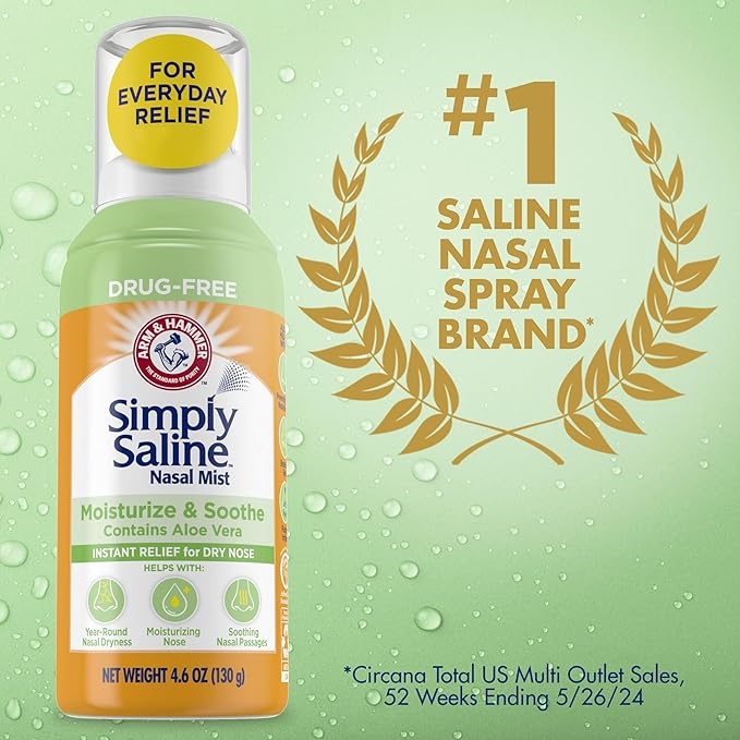 Arm & Hammer Simply Saline Moisturize & Soothe Nasal Mist, Drug-Free Moisturizing Saline Nasal Spray for Instant Relief for Dry Nose, 4.6 Oz (130 g), 3 Pack
