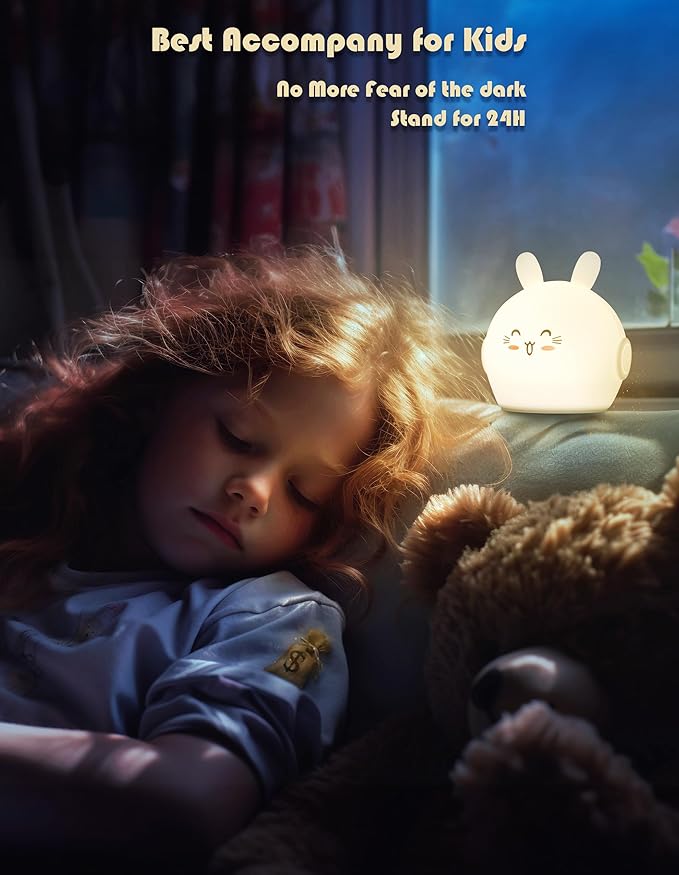 Night Light Kids, Cute Soft Glow Protect Eyes Night Light Bunny Lamp with 30mins Timer Rechargeable Nightlight for Kids Children Women Girls Toddler Bedroom Bedside Livingroom