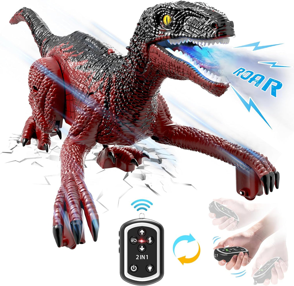 Eulogia Dinosaur Toy, RC Dinosaur Car with 2-in-1 Remote, Gesture-Sensing Forward Backward Dino, Features Spray & Sounds & Lights, One-Key Demo Car, 4-12 Boys Grils Gift for Birthday Christmas Party