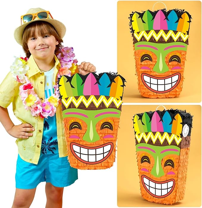 WERNNSAI Tiki Piñata -Tropical Hawaii Piñata with Blindfold and Bat for Girls Boys Kids Piñata Hawaiian Luau Themed Party Decorations for Summer Birthday Party Supplies Carnivals Festivals Celebration