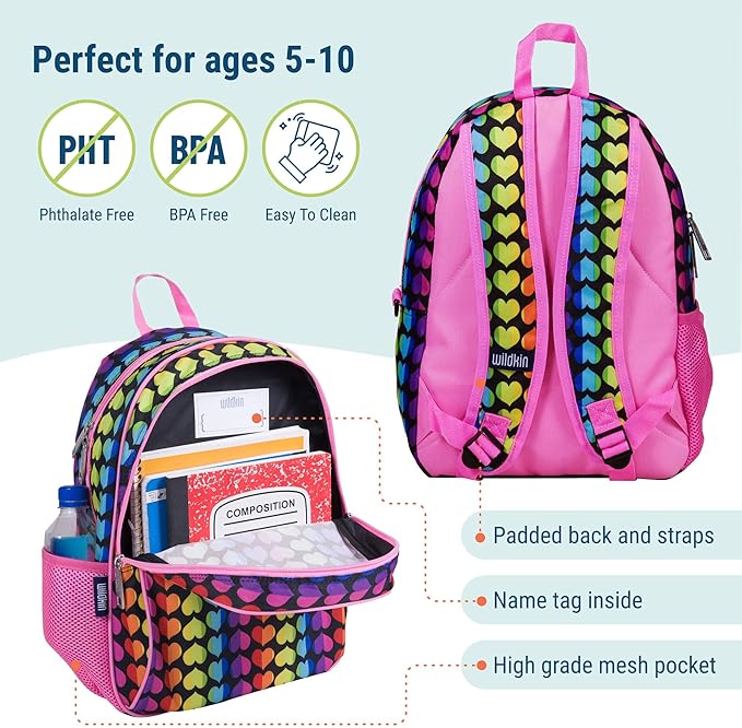 Wildkin 15-inch Kids Backpack – Durable, Padded, Adjustable for School & Travel - Rainbow Hearts