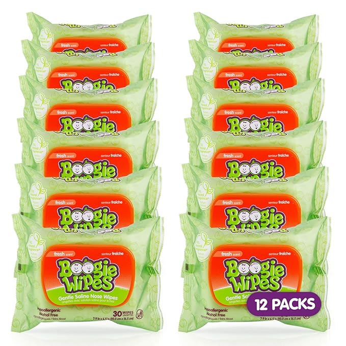 Saline Nose Wipes by Boogie, for Baby & Kids, Face, Hand & Body, Made with Vitamin E, Aloe, and Natural Saline, Fresh Scent, 30 Count (Pack of 12)