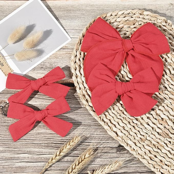DEEKA 4 PCS Red Cotton Linen Hair Bows 3 Styles 5" & 4" Handmade Hair Bow set for Toddler Girls Alligator Hair Clips Knot Bows Hair Accessories for Little School Girls (Red)
