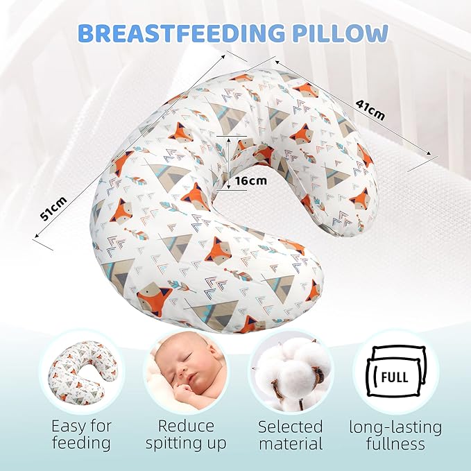 LAT Nursing Pillow for Breastfeeding,100% Cotton Removable Cover,Ergonomic Breast Feeding Pillows for Mom and Baby,Machine Washable(Orange Fox)