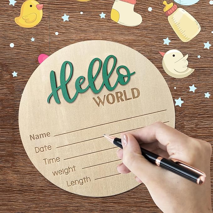 Baby Announcement Sign, 5.9 Inch Wooden Hello World Newborn Sign, Birth Announcement, Baby Shower Hospital Nursery for Newborn Boys and Girls (Green)