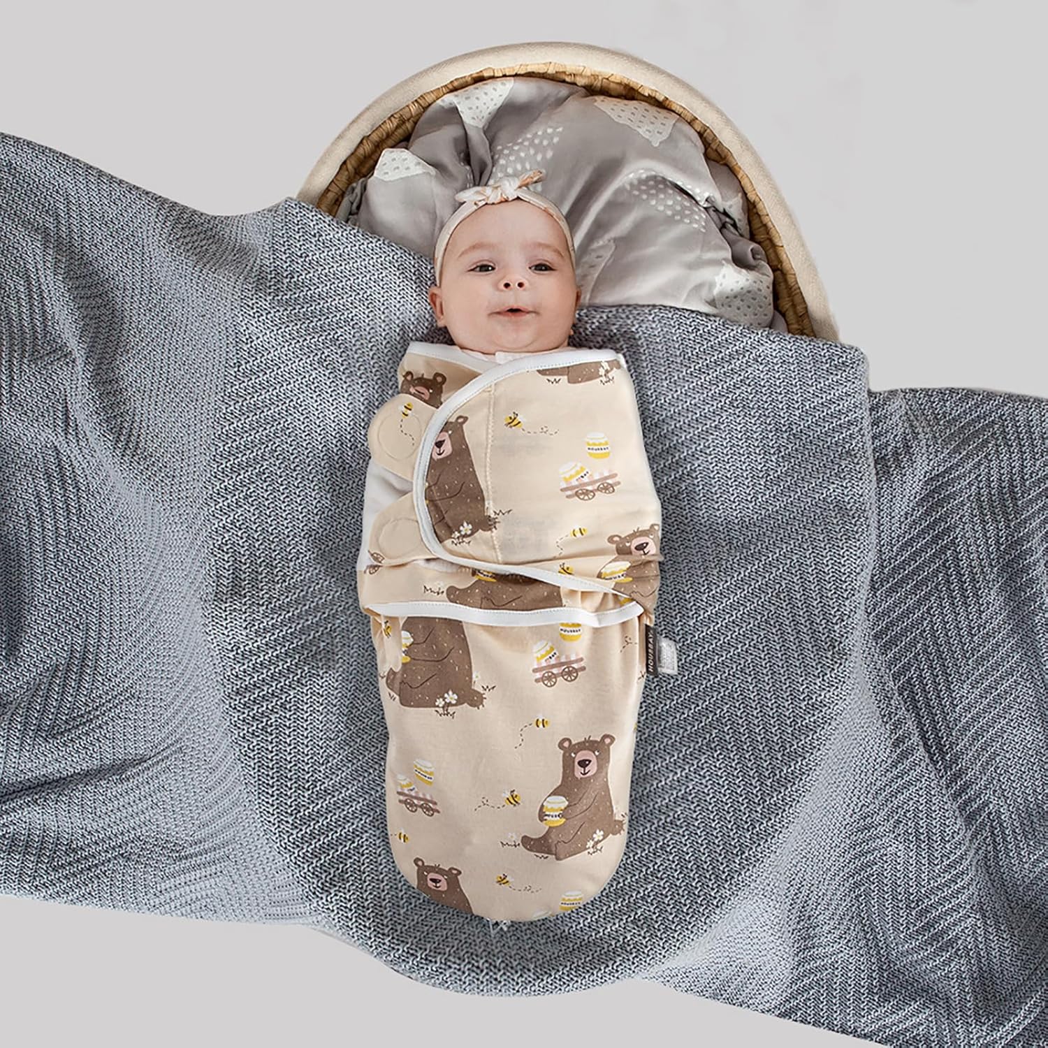 HOUSBAY Baby Swaddle Blanket Boy Girl Super Soft 100% Cotton Newborn Adjustable Swaddles 2-Way Zipper Sleep Sack 1 Pack (Honey Bear, Small/Medium | 0-3 Months)