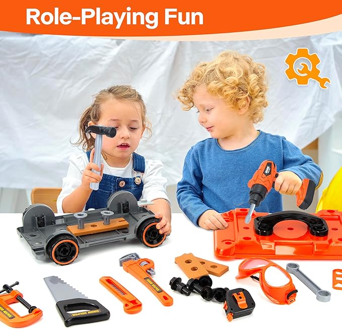 Kids Tool Bench-Zealous 79pcs Transformable Set, Toddler Workbench Toy with Electric Drill, Pretend Construction Playset for Boys Girls Age 3+, Orange & Black, HB3222-3