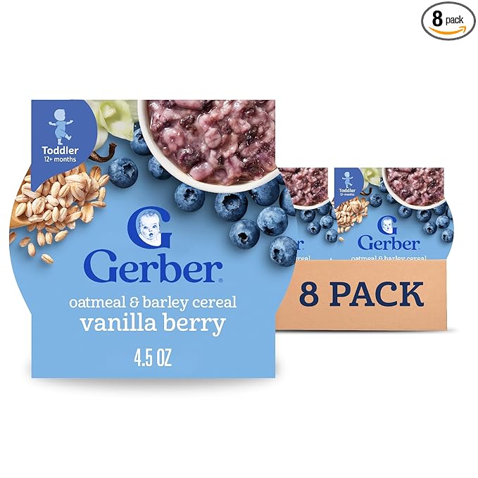 Gerber Toddler Food, Baby Food, Breakfast Oatmeal with Barley, Vanila Berry Flavor, Cereal, Iron Helps Support Brain Development, 8 Pack