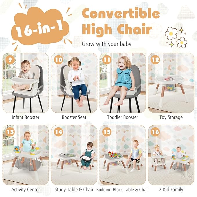 HONEY JOY 16-in-1 Baby High Chair, Convertible Highchair for Babies and Toddlers/Booster Seat/Activity Center with Toys, Building Block Table & Stool, Safety Harness, Removable Cushion & Tray (White)