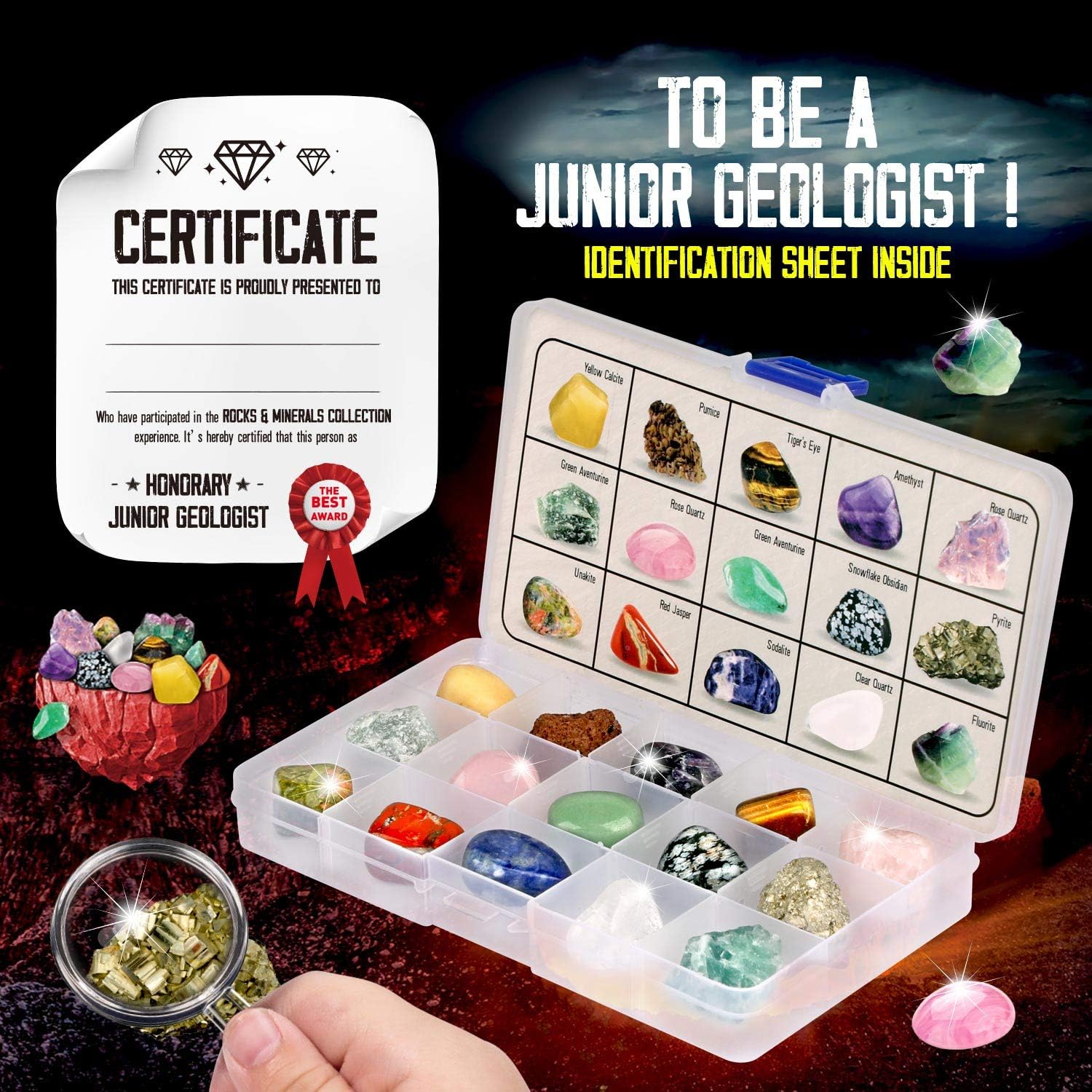 XXTOYS Rocks Collection - 15-Piece Rock Collections for Kids - Cool Geology Gem Kit with Identification Sheet - Gemstones Set Box with Learning Guide and Storage Case - Educational Gift for Kid