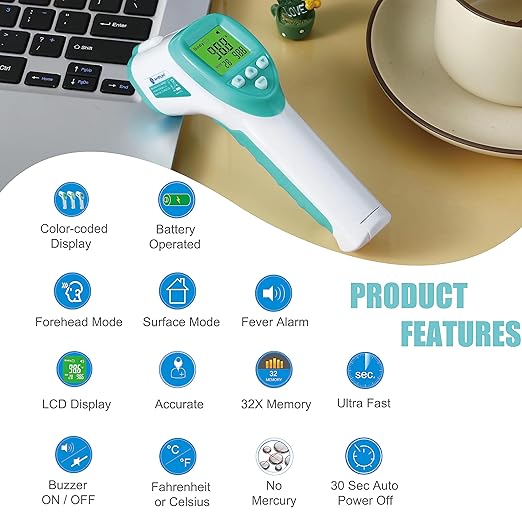 Amplim Forehead Thermometer for Adults, Kids, and Infants: No-Touch Digital Baby Thermometer, Temporal Touchless Medical Grade Newborn Thermometer, Registry Must Have for Body Fever Temperatures, Blue