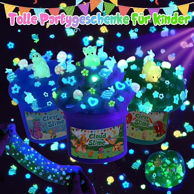 LAWOHO 6 Pack Dinosaurs Slime Kit for Kids - Cloud, Butter, Clear Slimes with Glow in The Dark Add-ins, Green & Blue Dino Slime, Super Soft and Non-Sticky, Birthday Party Favor for Boys & Girls