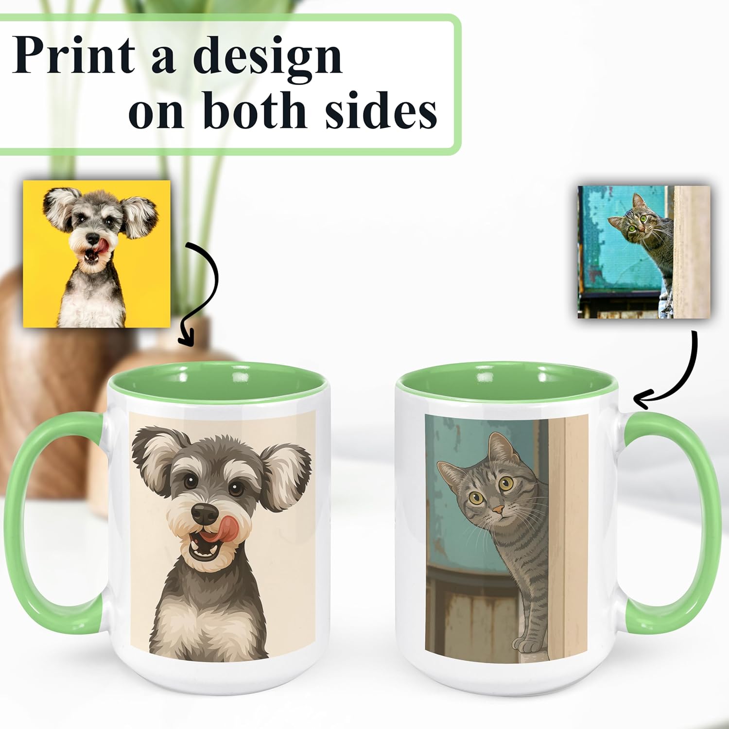 Personalized Coffee Mug, Custom Drawing Portrait Gift, Funny Customized Coffee Gift for Men & Women, Custom Mugs with Pictures, Light Green 15oz Customized Ceramic Tea Cup