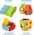 Playz 7pc Kids Play Tent with 1 Big Ball Pit for Babies, 3 Play Tunnel for Toddlers, and 3 Pop Up Tents Playhouse Bundle, Best Birthday Gift for Boys & Girls, Indoor & Outdoor Use Portable Play Center