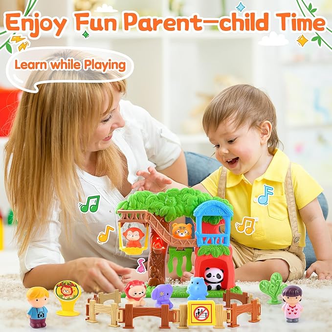 PLAY Safari Animals Figures Toys Playset, 20Pcs Realistic Jungle Forest Zoo Animals Figurines Tree House Playset with Lights & Sounds for Toddlers, Learning Toys Gifts for Girls Boy Ages 18M+