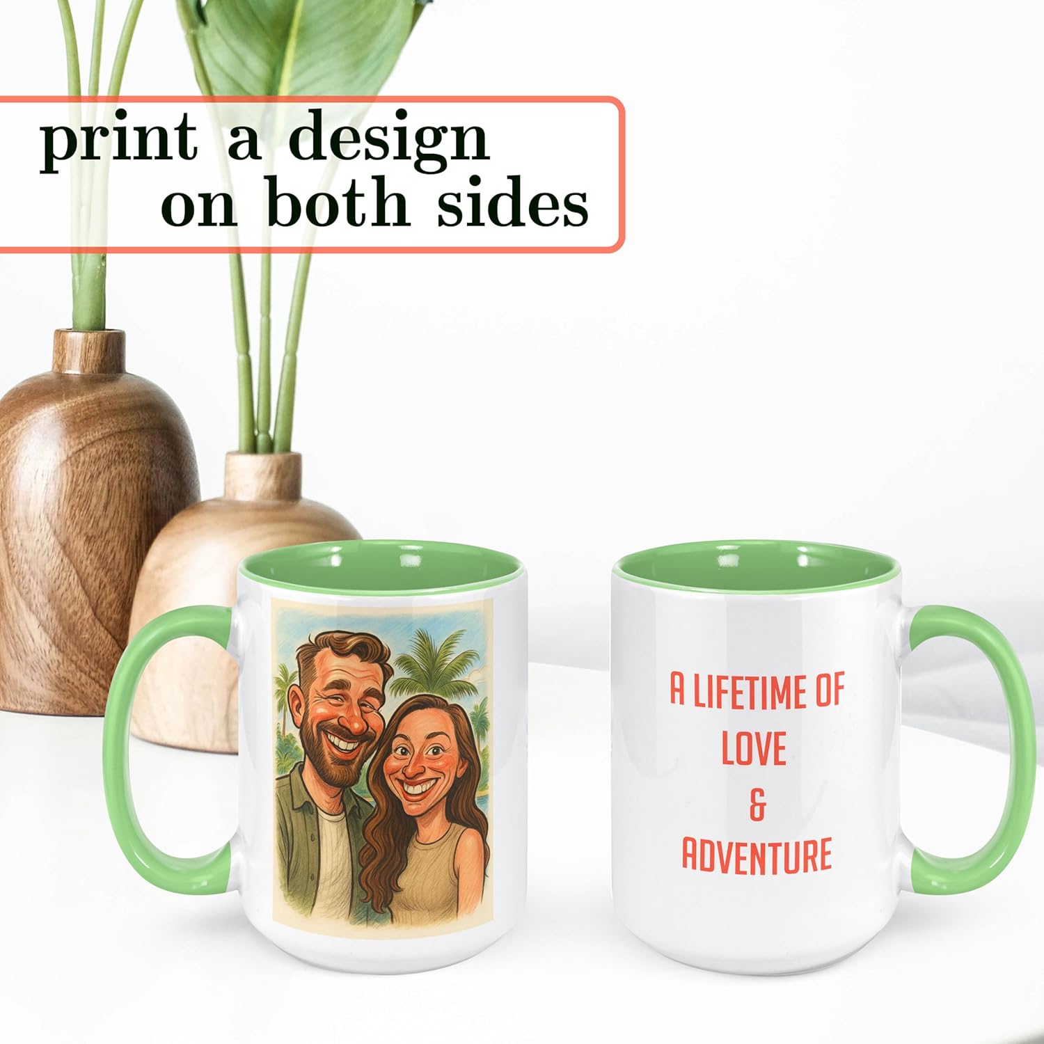 Personalized Coffee Mug, Custom Photo Caricature Gift, Funny Customized Coffee Gift for Men & Women, Custom Mugs with Pictures, Light Green 15oz Customized Ceramic Tea Cup