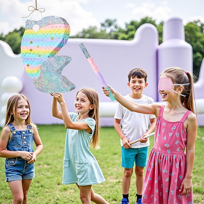WERNNSAI Dolphin Piñata for Girls - Mermaid Princess Birthday Decorations Dolphin Pinata for Kids Under the Sea Girl Party Game Supplies with Blindfold and Bat (12.5" x 16.5" x 3")