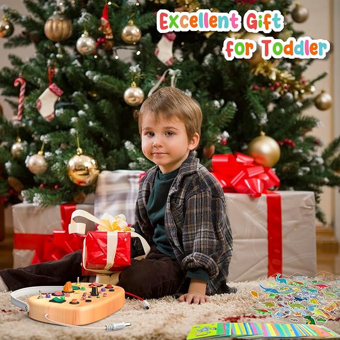 Montessori Busy Board for Baby, Busy Board for Toddlers Toys, Wooden Autism Sensory Toys with Animal Cards, Dinosaur Stickers, Toddler Educational Activity Travel Toys for Boys and Girls 1+