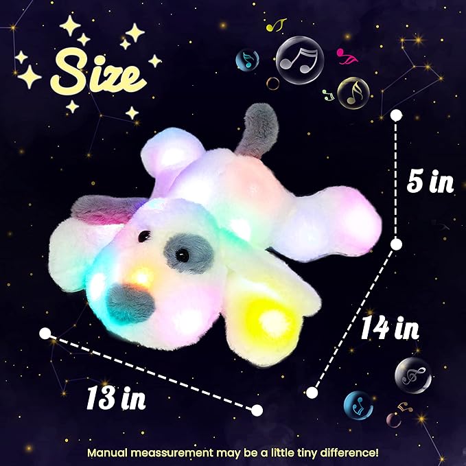 Hopearl LED Musical Stuffed Puppy Lighting Up Singing Plush Dog Adjustable Volume Lullaby Animated Soothe Birthday Festival for Kids Toddler Girls, White, 14''