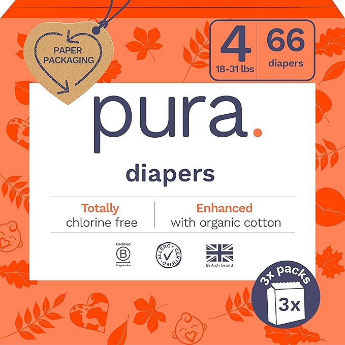 Pura Size 4 Diapers, 66 Count, Unisex, Organic Cotton, Leak-Free, Plant-Based, Dermatologically Tested, Allergy-Certified, Carbon Neutral, B-Corp