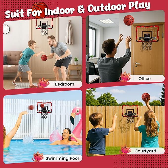 LovesTown Indoor Mini Basketball Hoop for Kids, Basketball Hoops Over The Door with LED Lighting, Mini Hoop with 4 Balls Electronic Scoreboard Toys, Sports Toys Gifts for Boys Girls