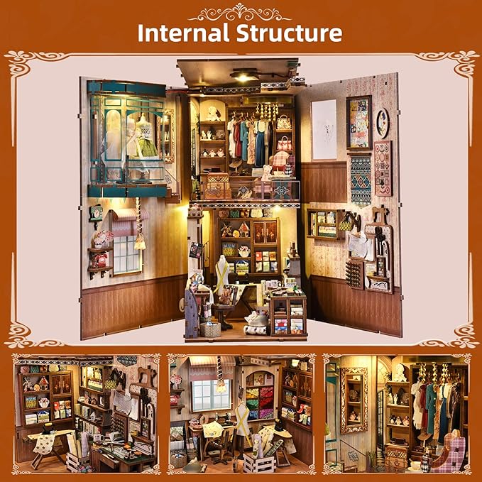 Book Nook Kit - Sewing Room DIY Miniature House Dollhouse Kit for Adults and Teens, Booknook Tiny House Bookshelf Decor 3D Wooden Puzzle, Gifts for Family and Friends