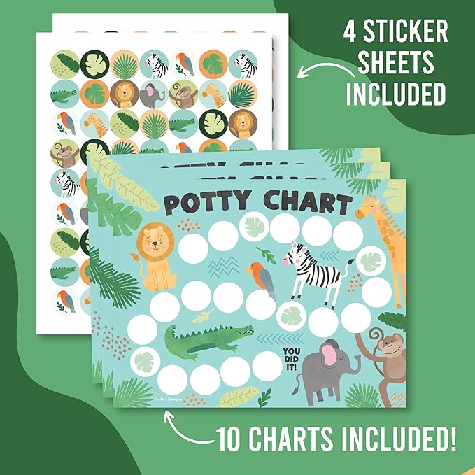 Hadley Designs Potty Training Chart for Toddlers Boys -10 Sticker Potty Chart for Toddlers Girls, 8.5x11" Potty Training Sticker Charts for Toilet Success, Safari Toddler Reward Chart for Kids