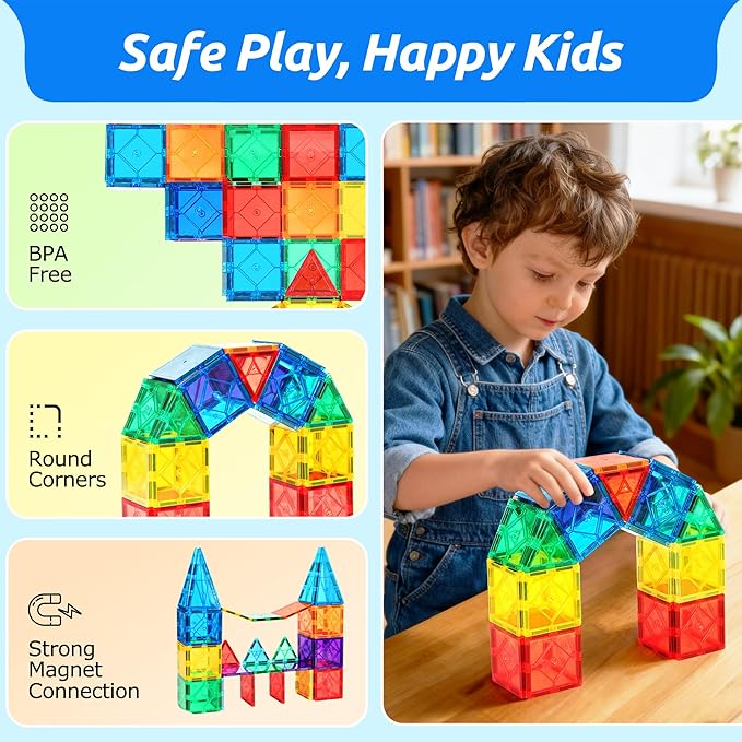 30PC Magnetic Tiles Kids Toys, Squares Magnetic Building Tiles for 3 4 5 6 7 8+ Years Old Boys Girls, Magnet Blocks Stacking Toys Birthday Gift for Toddlers STEM Learning Toys Magnet Tile Accessorie