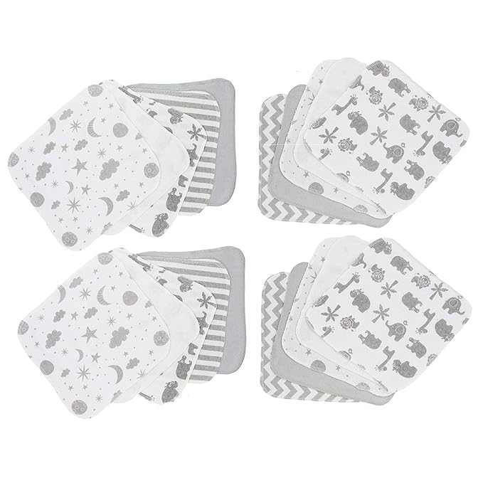 Spasilk 20-Piece Washcloth Set for Newborn Boys and Girls, Soft Terry Baby Washcloths, Baby Essentials, Gray Celestial